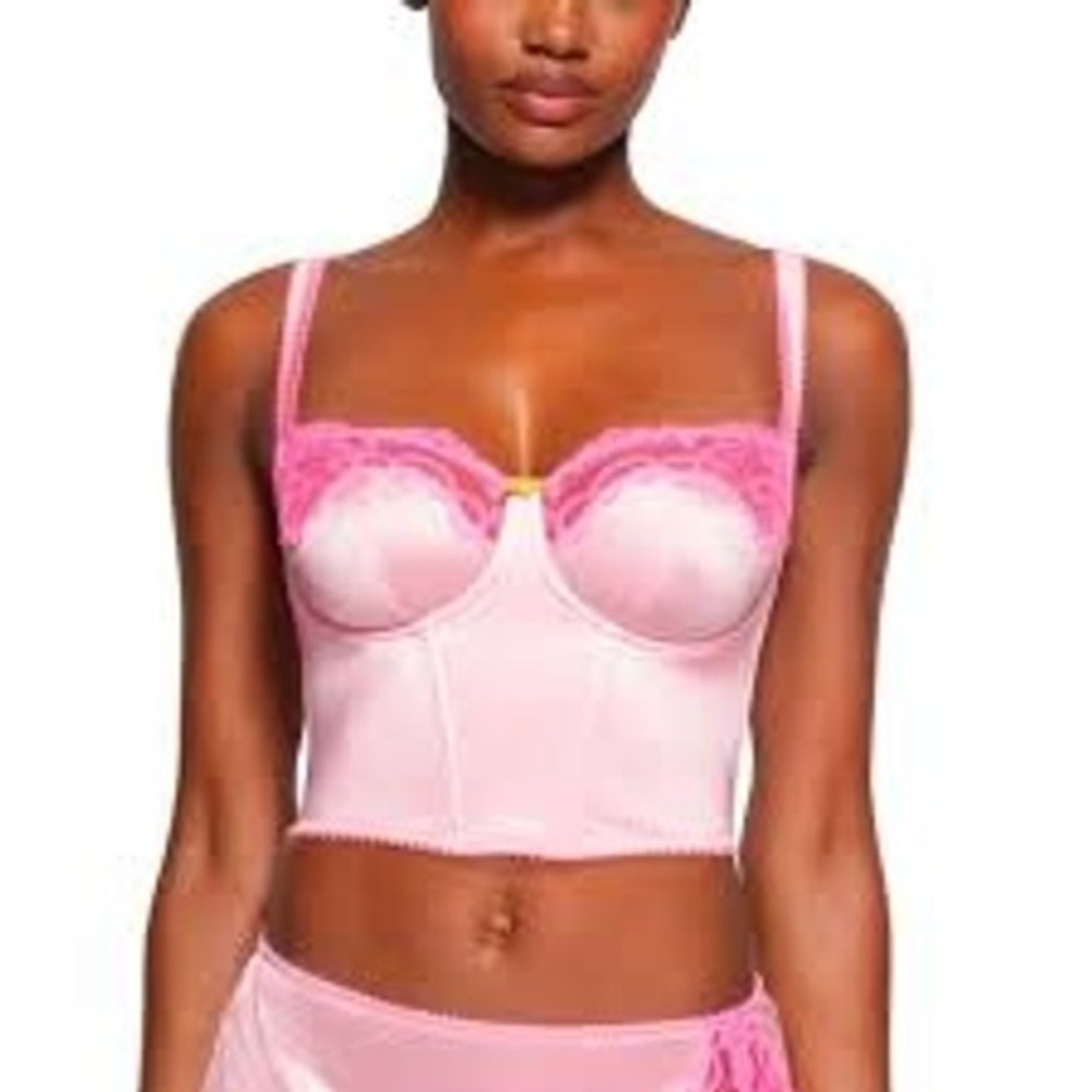 SKIMS Stretch Satin Lace Balconette Cropped Corset‎ Small Pink Coquette Barbie